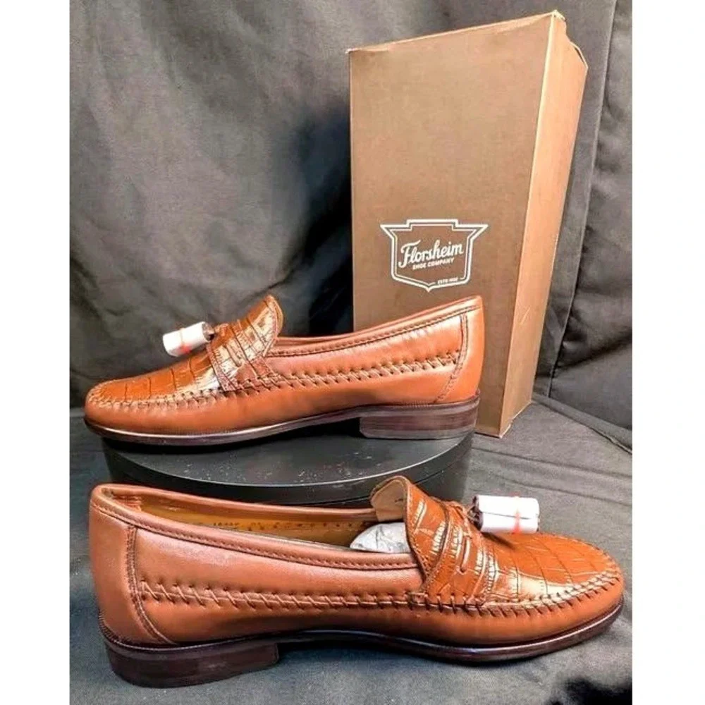 NIB~Florsheim Pisa 18469 Cognac Leather Croc Print Tassel Loafers~Men's Size 8 D